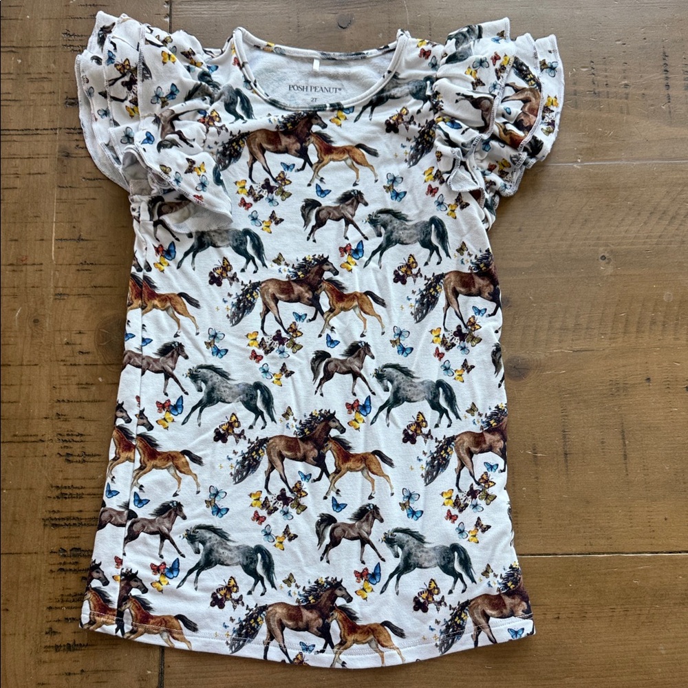 Posh Peanut bamboo Kids Horse Print ruffle sleeve dress 2T